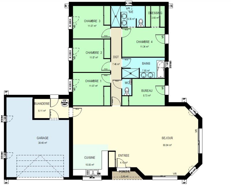 plan de maison 4 chambres + bureau