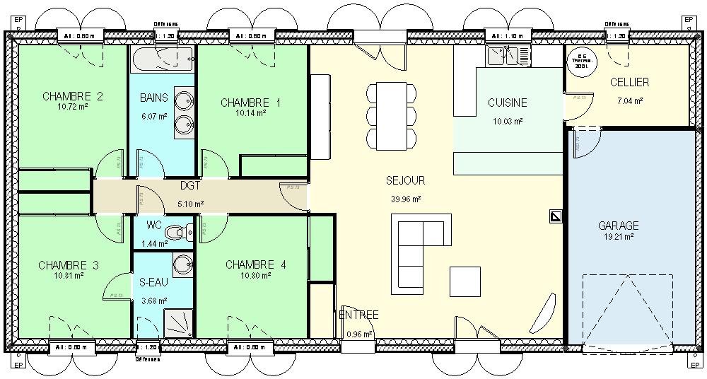 plan d'une maison plain pied 4 chambres