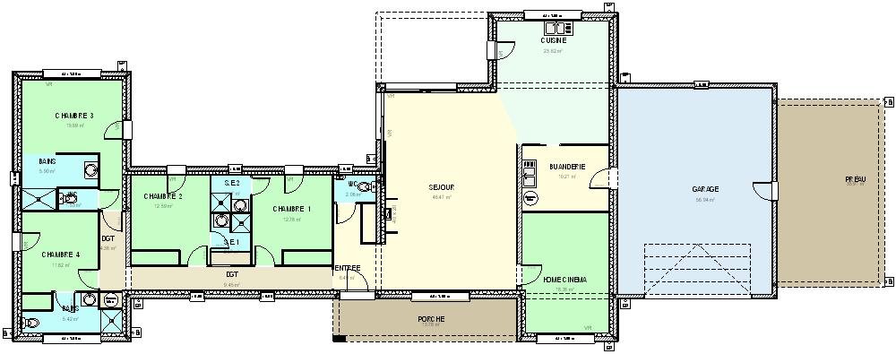 plan maison plain pied moderne en u